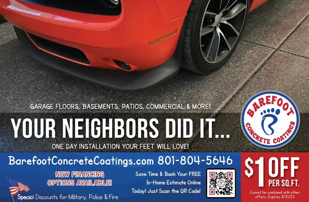 A coupon from Barefoot Concrete Coating offering a $1 discount on their coating services per sq. ft.