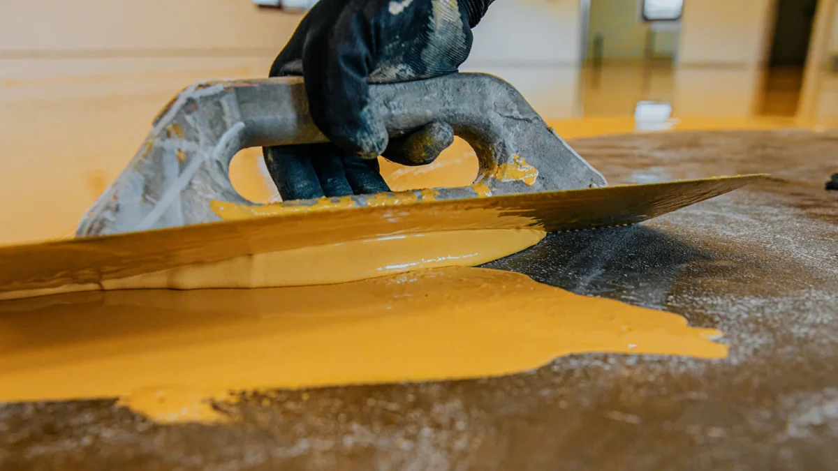 A man using a trowel to coat the floor with yellow paint.